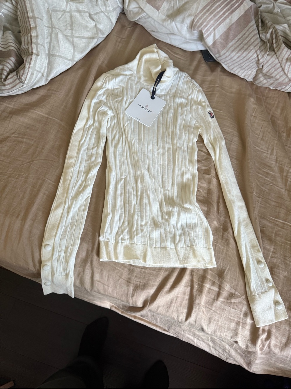 Moncler Ivory Ribbed Mock Neck Sweater with Sleeve Logo - Picture 2 of 5